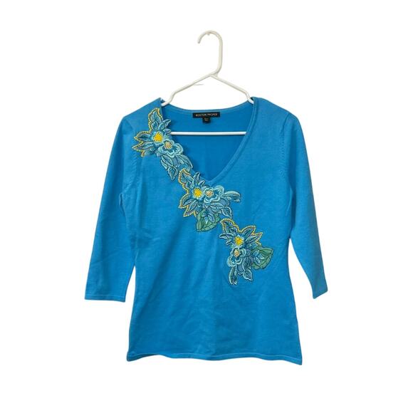Boston Proper Blue/Yellow Floral Knit V-Neck Top Size Small 3/4 Sleeves Stretch - Picture 6 of 6